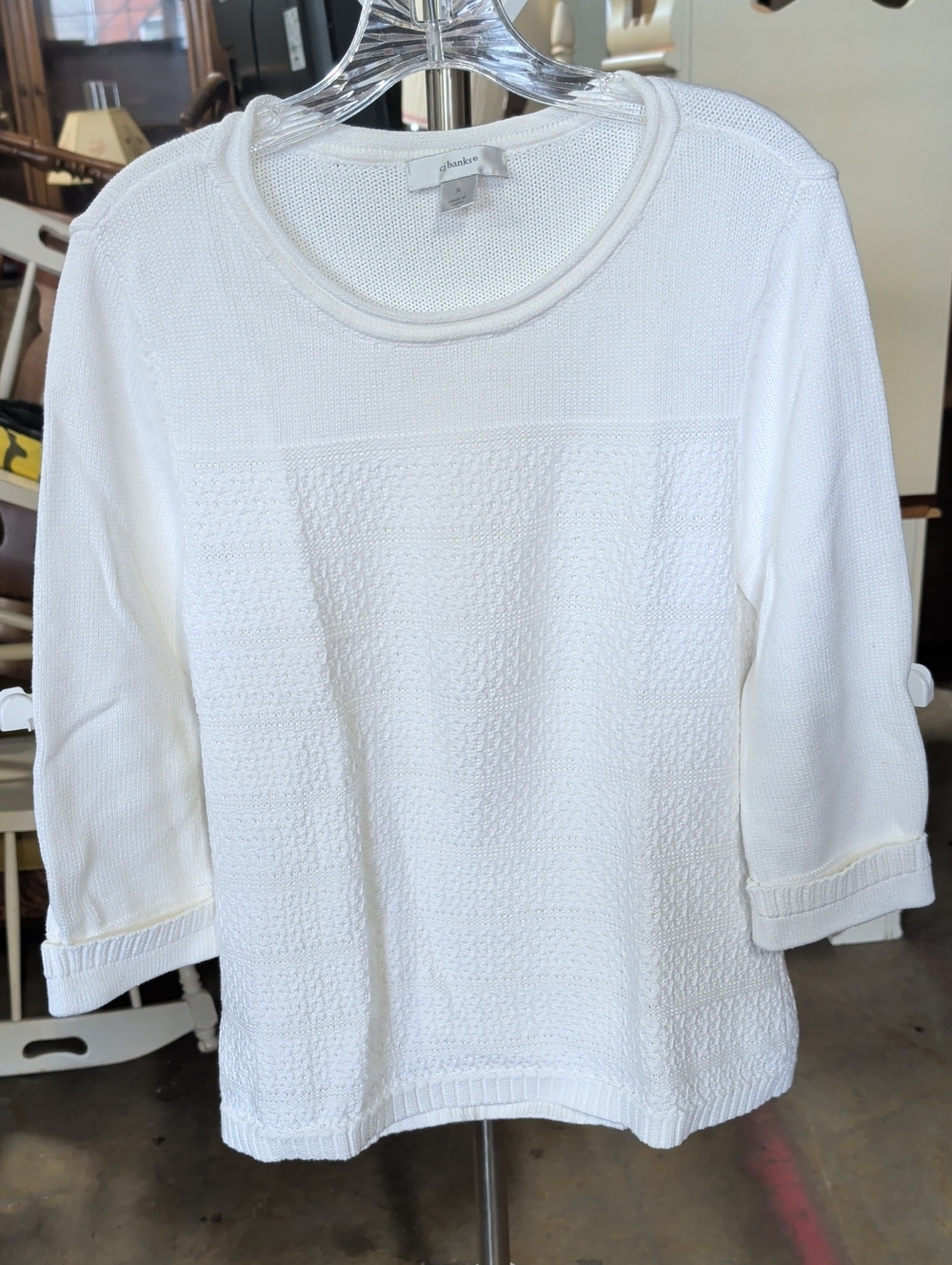 CJ Banks White Textured Knit Crewneck Pullover 100% Cotton